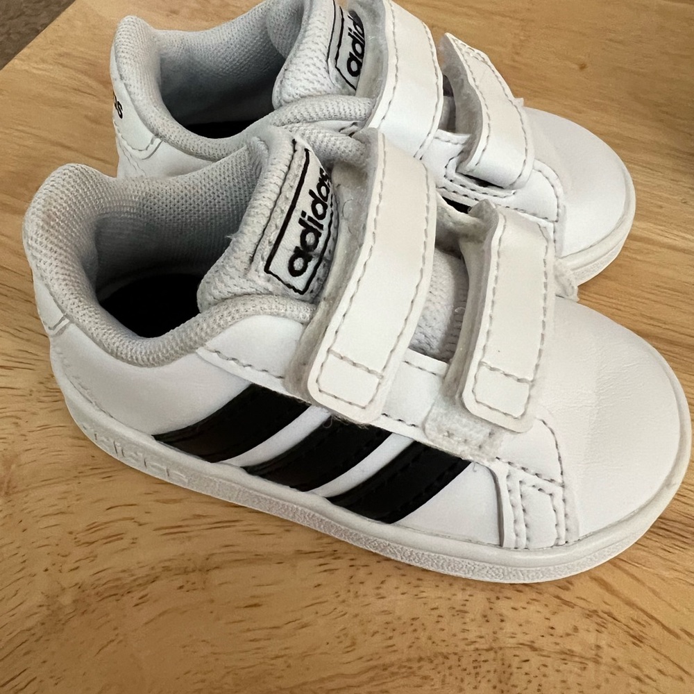 White & Black Leather Kid’s Adidas Tennis Shoes